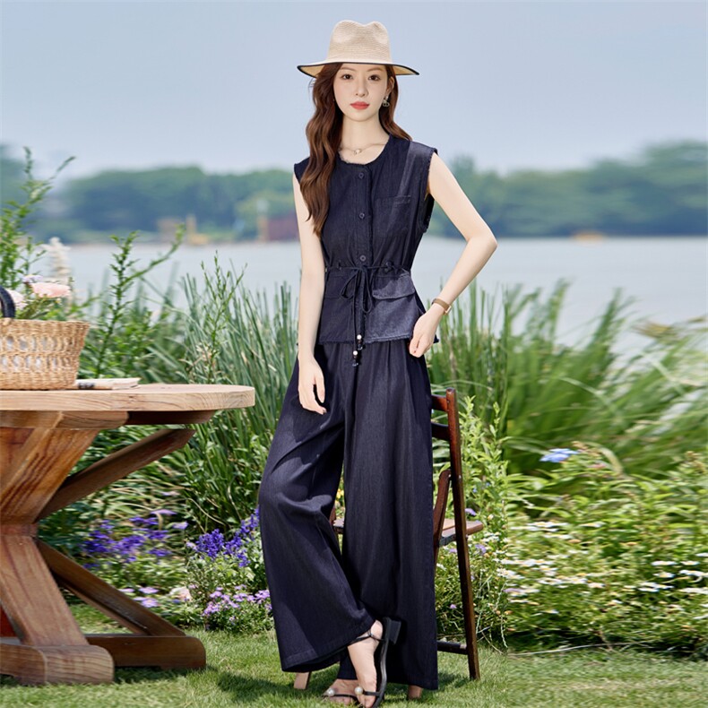 夏季薄款天丝牛仔套装女2025新款时尚巨好看无袖上衣阔腿裤两件套,女装套装/套裙,E百度