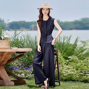 夏季薄款天丝牛仔套装女2025新款时尚巨好看无袖上衣阔腿裤两件套图片