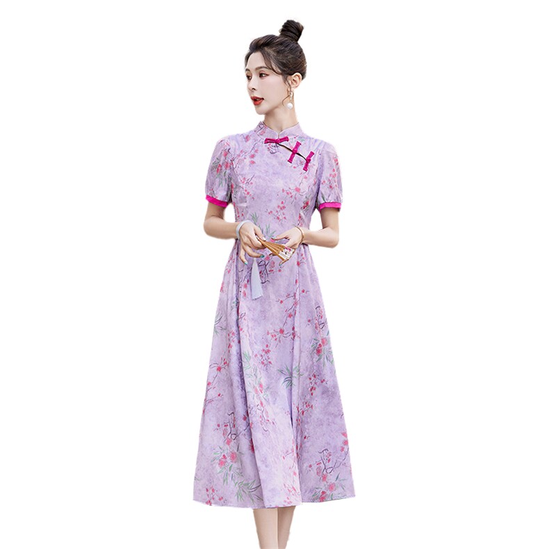 新中式国风改良奥黛旗袍连衣裙女2024夏季新款修身显瘦气质印花裙,女装连衣裙,吾爱衣