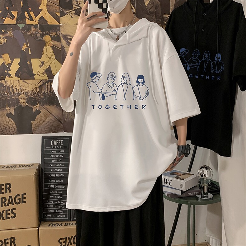 LD54191-P45连帽短袖t恤男大码胖子带帽五分袖中袖,男装T恤,电商A040