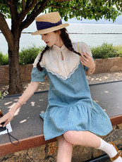 设计感蕾丝拼接牛仔连衣裙女夏2025新款高级感超好看小个子休闲裙，女装连衣裙，浙宝192（原082）