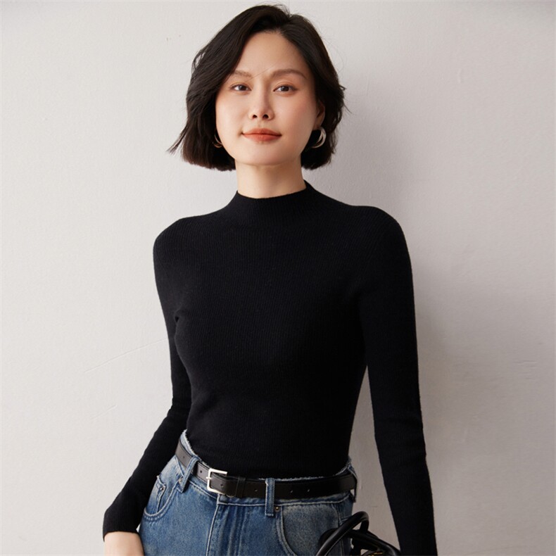 秋冬新款洋气时尚百搭显瘦女款精纺一线成衣半高领35%羊绒衫图片