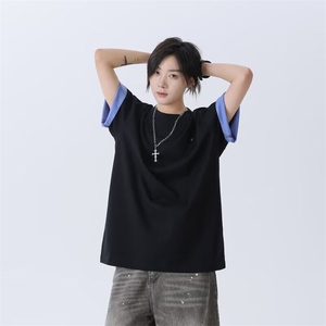 夏季美式风运动短袖男女夏季翻边蓝色T恤休闲宽松上衣-T799图片