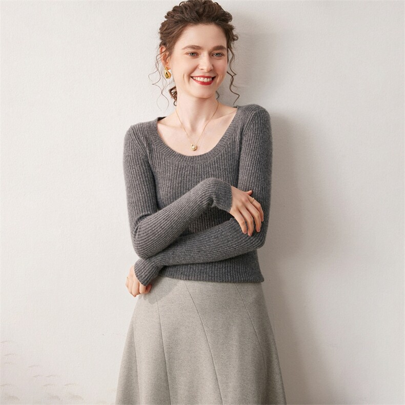 2025年秋季常规款套头长袖舒适时尚百搭通勤大U领，女装针织衫/毛衣，宛咚羊绒
