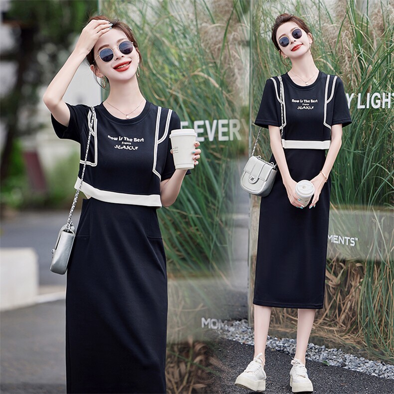 小馨家【新品】气质优雅韩版时尚中长款拼色连衣裙，女装连衣裙，尚洛菲