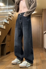 牛仔裤男士美式复古直筒宽松工装秋冬阔腿长裤J8075-P45/加绒P55，男装牛仔裤，星座509