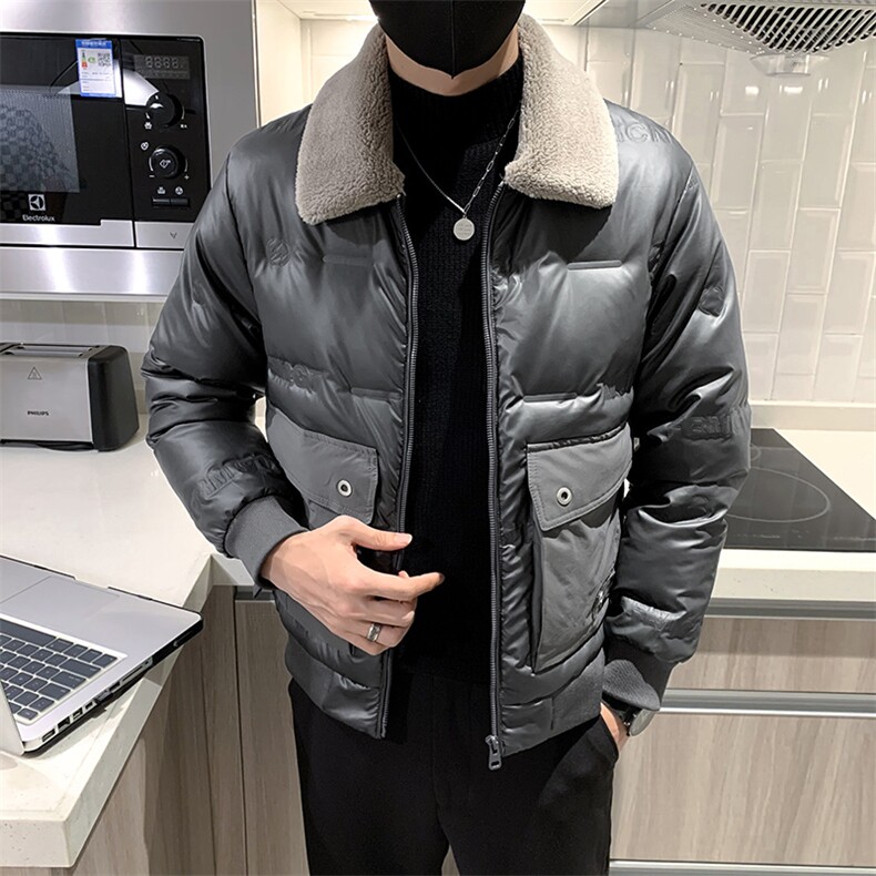 B353906P160灰色无头风冬毛领亮面压花字母男羽绒上衣外套,男装羽绒服,电商B353