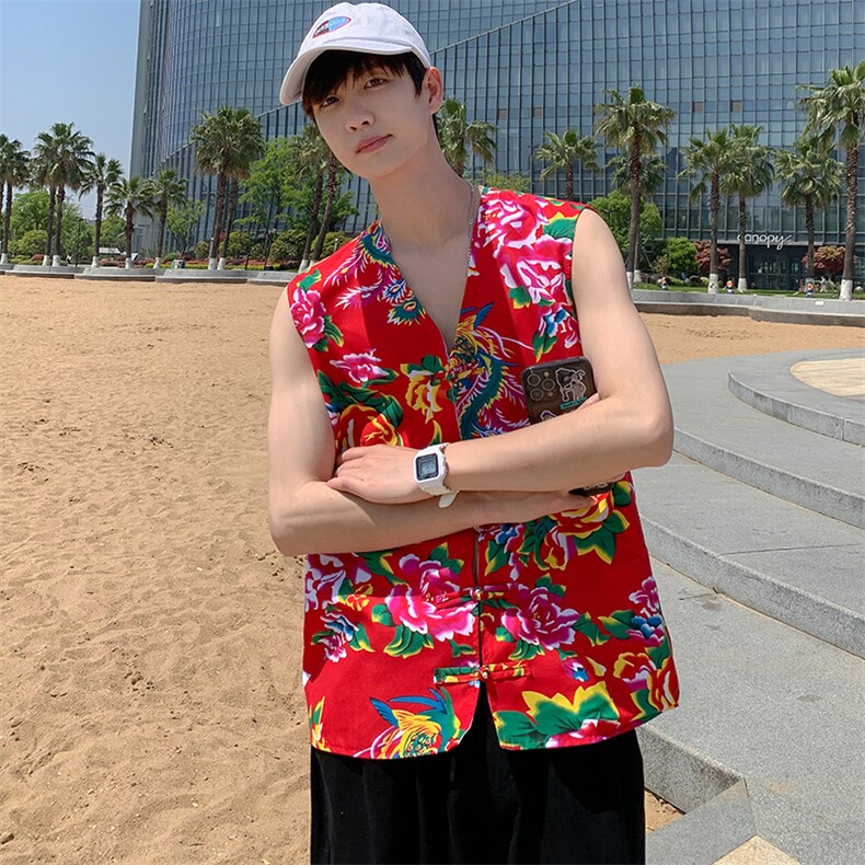 网红东北大花红色马甲男高级感新中式国风痞帅西装套装设计感夏季,男装背心/马甲,星座115A(原星座507）