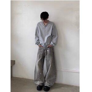 2025年新款美式复古做旧泼墨弯刀牛仔裤男嘻哈宽松廓形阔腿垂感裤图片