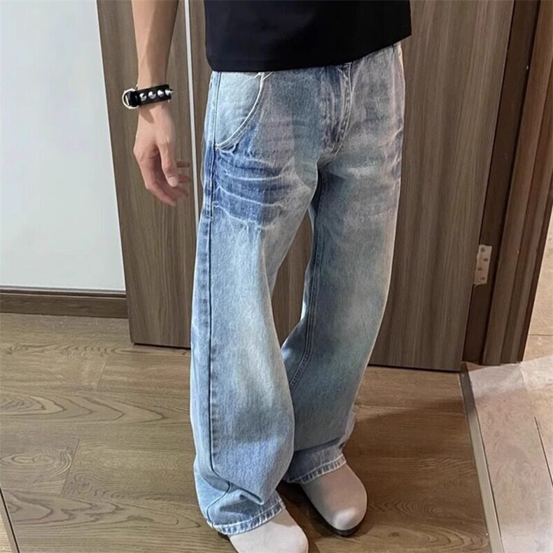 美式复古水洗蓝色宽松休闲牛仔裤男女设计直筒百搭裤子图片