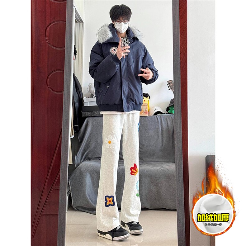 抖音得物高品质秋冬季重磅花卉刺绣潮流运动宽松加绒直筒休闲卫裤，男装休闲裤，电商A486-1