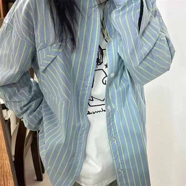 蓝青色条纹衬衫女2025新款宽松休闲显瘦薄款衬衣开衫外穿潮流,男装衬衫,星座506A