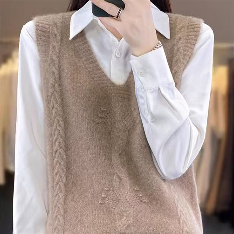 优雅气质V领针织马甲女秋冬季新款百搭显瘦毛衣背心外套上衣,女装马甲,萱芳婷羊绒