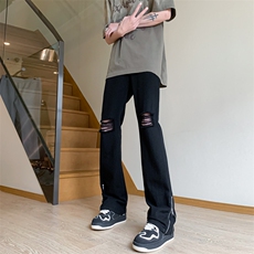 B221美式ins高街小众百搭微喇拉链破洞牛仔裤LK23086-P60控78，男装牛仔裤，电商B221