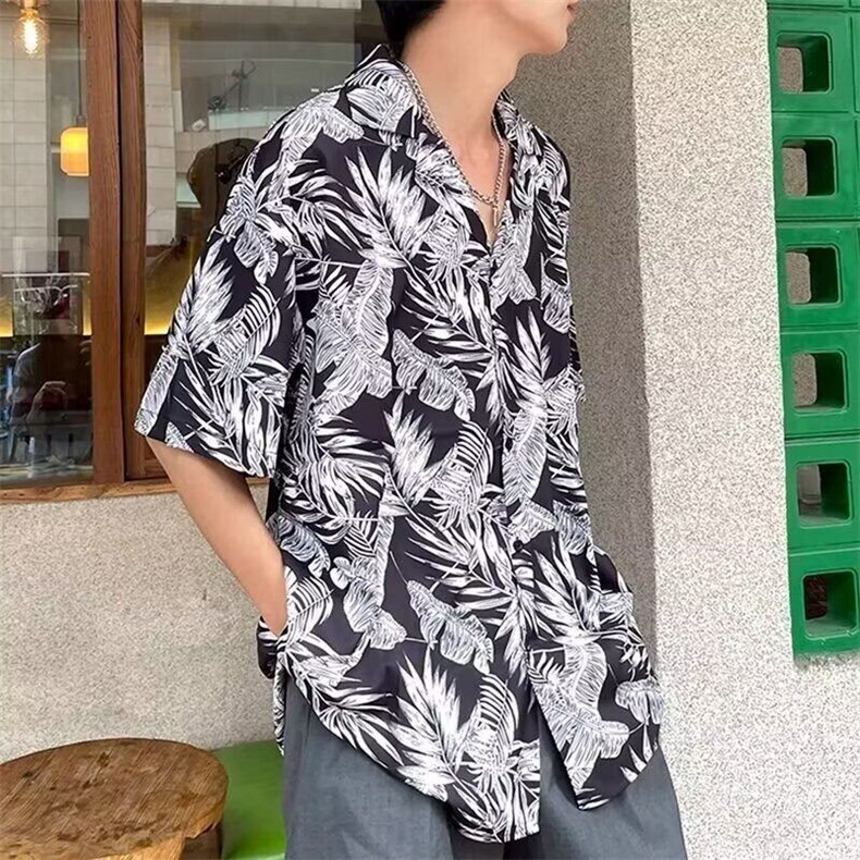 夏季日系潮牌新款满印叶子衬衣男ins街头宽松嘻哈青少年短袖衬衫,男装衬衫,星座506A