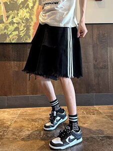 破洞牛仔短裤男夏季美式复古三条杠裤子设计感小众牛仔裤 X90 P45图片