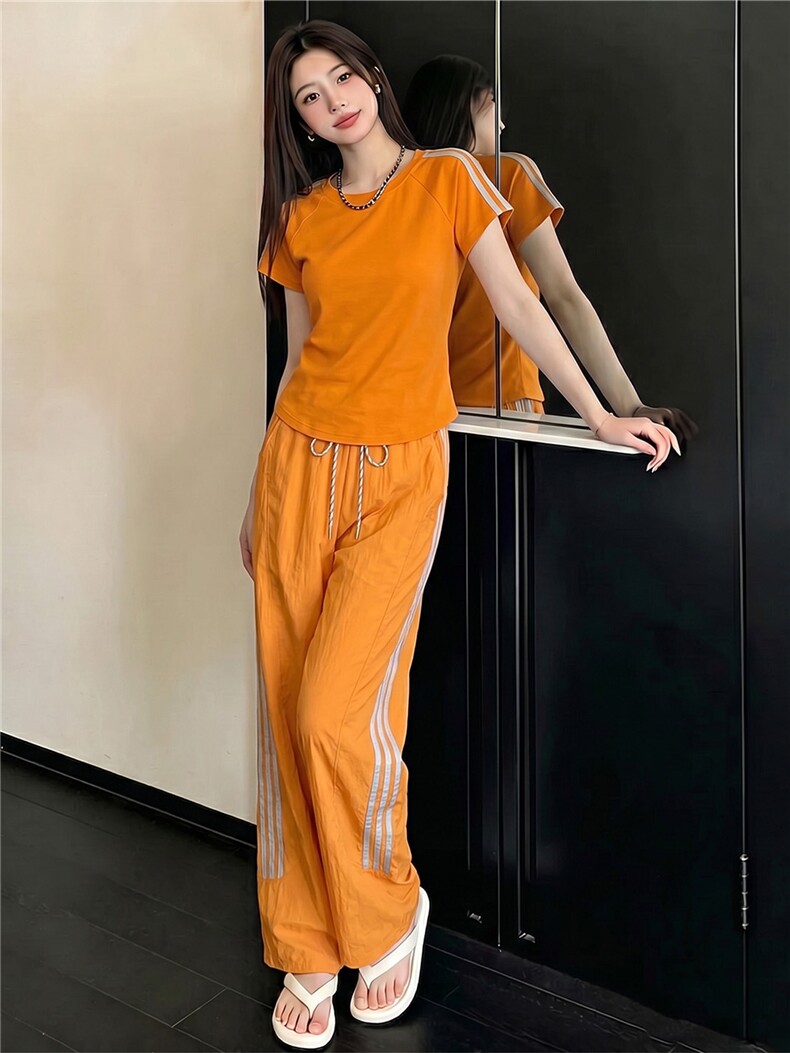 女夏季新款时尚休闲运动套装圆领短袖上衣竖纹拼接阔腿长裤两件套,女装套装/套裙,江南