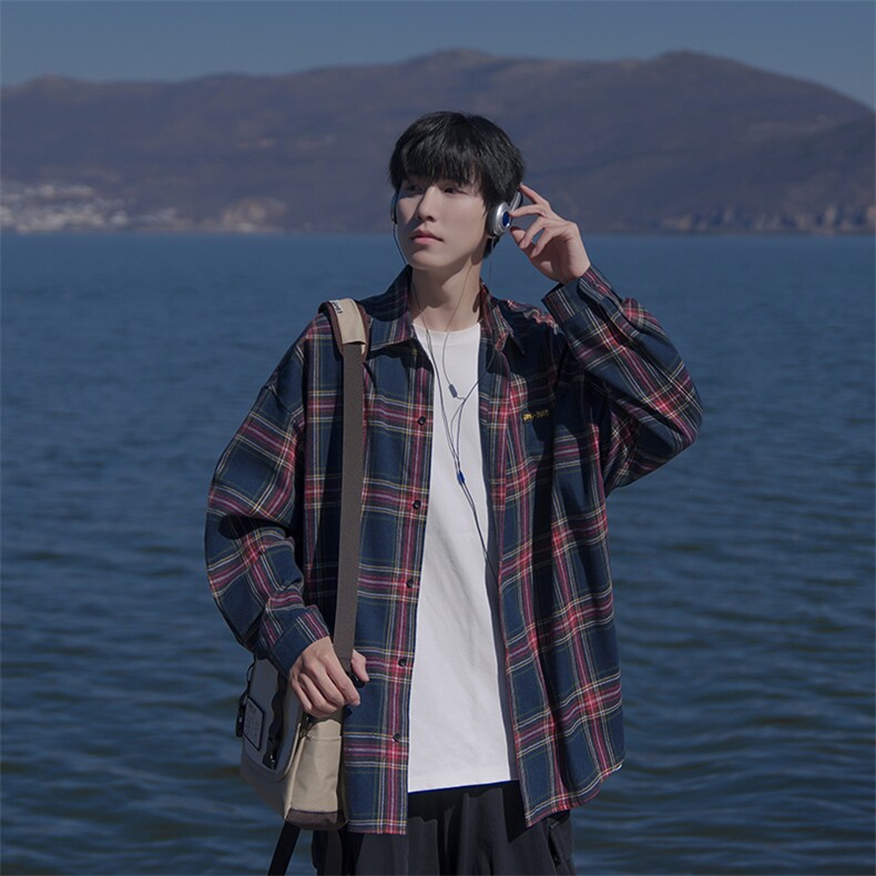 B225-C6045-P62-X78-65%棉35%聚酯纤维-格子衬衫宽松长袖外套新款,男装衬衫,电商B225