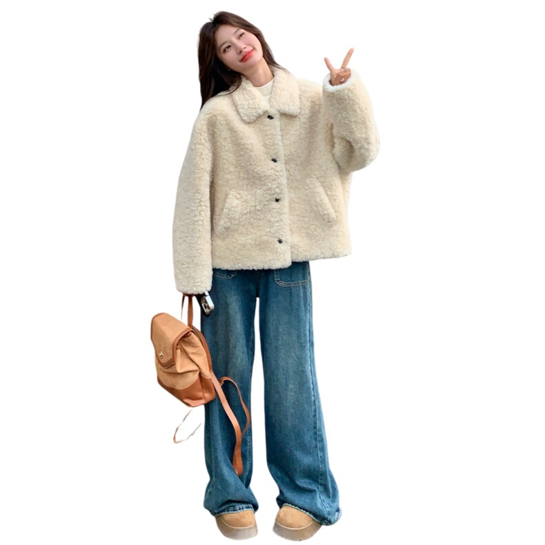 韩版宽松显瘦百搭加厚保暖羊羔毛外套女秋冬新款翻领皮毛一体大衣,女装短外套,2C166