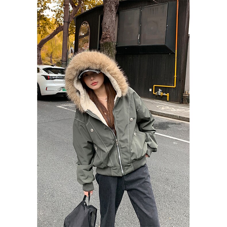 现货重磅boxy短款棉衣座山雕大毛毛领男女棉服水洗工装厚外套,男装棉衣,电商A486