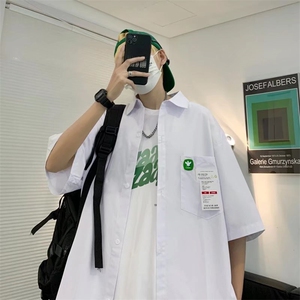 2022衬衫短袖男士宽松大码潮流港风复古痞帅贴标衬衣C548P30图片