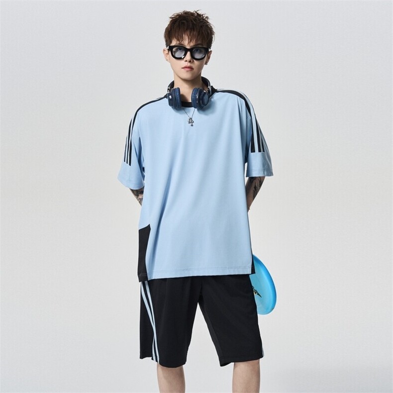美式条纹短袖套装夏季休闲情侣T恤百搭宽松T恤A406TZ5068P65,男装T恤,星座309（原A406）