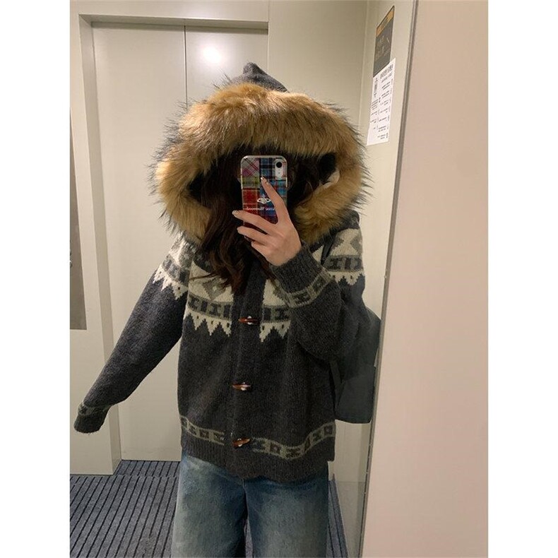 重磅北极绒座山雕大毛毛领毛衣外套冬美式复古休闲慵懒风针织开衫,男装针织衫/毛衣,电商A486-1