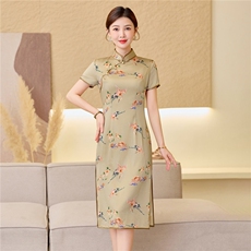 杭州品质真丝中长裙复古印花连衣裙女春夏日常修身潮流真丝旗袍，女装汉服/婚纱/旗袍/礼服，小荷流