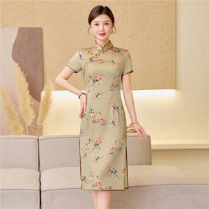 杭州品质真丝中长裙复古印花连衣裙女春夏日常修身潮流真丝旗袍图片