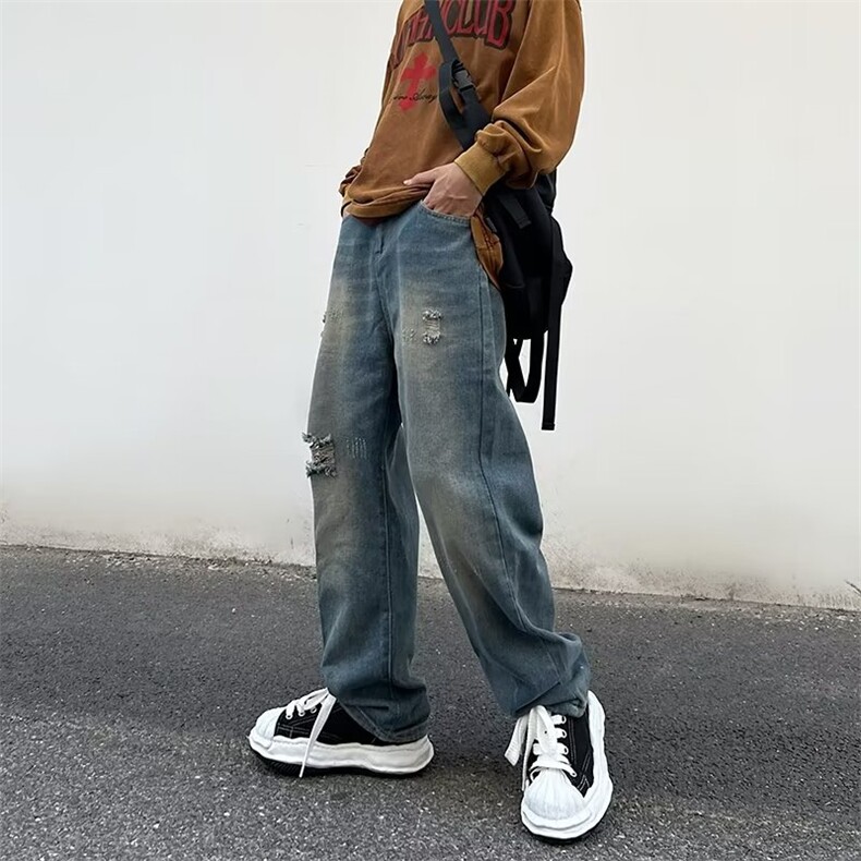 欧美做旧水洗破洞牛仔裤男士韩版潮流街头修身高级感长裤Z8821P42图片