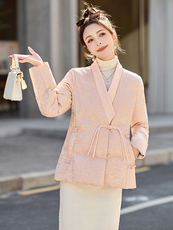 粉色新中式国风提花羽绒服女2025冬季新款气质V领盘扣白鸭绒外套，女装羽绒服，姿衣坊