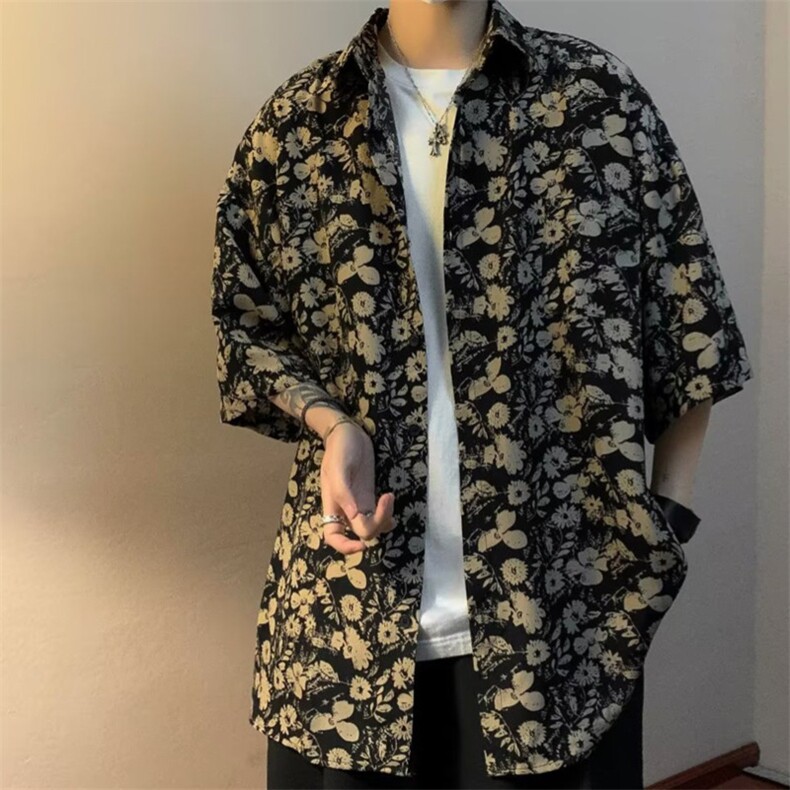 短袖宽松慵懒衬衫男女夏薄款休闲设计感小众碎花polo领上衣-C576图片