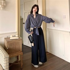 春款现货韩式不规则格子衬衫阔腿裤套装2109P175K288，女装套装/套裙，2C219