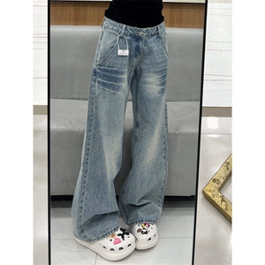 美式高街vibe风水洗宽松牛仔裤男女cleanfit直筒微喇裤L8199-p48图片