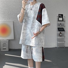8XL-M民族风潮拼接休闲运动套装男夏季学生短袖短裤TZ38001P60，男装休闲套装，电商B312