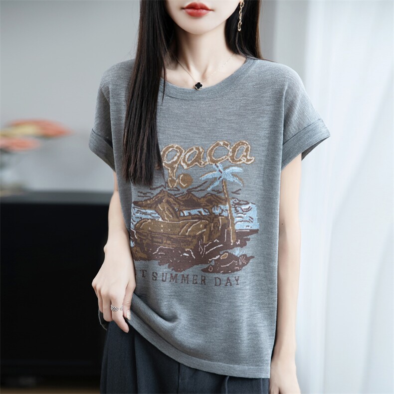 夏季新款简约竹节麻印染短袖女宽松百搭显瘦上衣时尚休闲T恤,女装T恤,贵皇网供仓