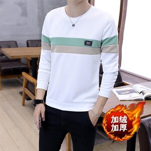 秋冬加厚保暖卫衣男圆领套头拼接条纹商务打底衫卡其702加绒