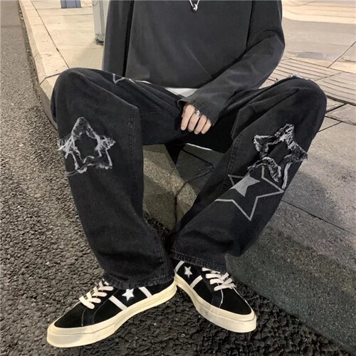 刺绣牛仔裤男ins高街宽松五角星老爹裤潮牌直筒阔腿裤子N1991-p45图片