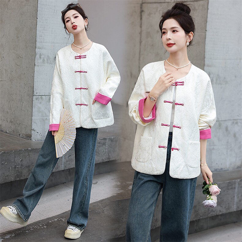小香风米白色提花外套女2024春秋新款盘扣撞色高级感圆领国风上衣，女装短外套，墨羽桐