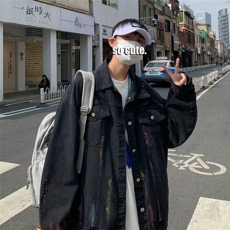 涂鸦牛仔夹克男韩版翻领宽松男生帅气工装外套网图JK8644-P63,男装夹克,星座1001-1