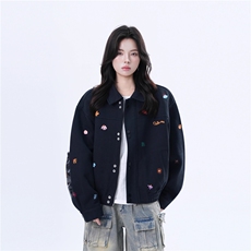 F225-P67美式复古小刺绣黑色夹克女cleanfit设计感宽松外套，男装夹克，电商B323A