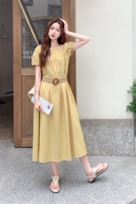 日系甜美风百搭时髦短袖连衣裙女夏季2025黄色可变领设计气质长裙，女装连衣裙，2D045