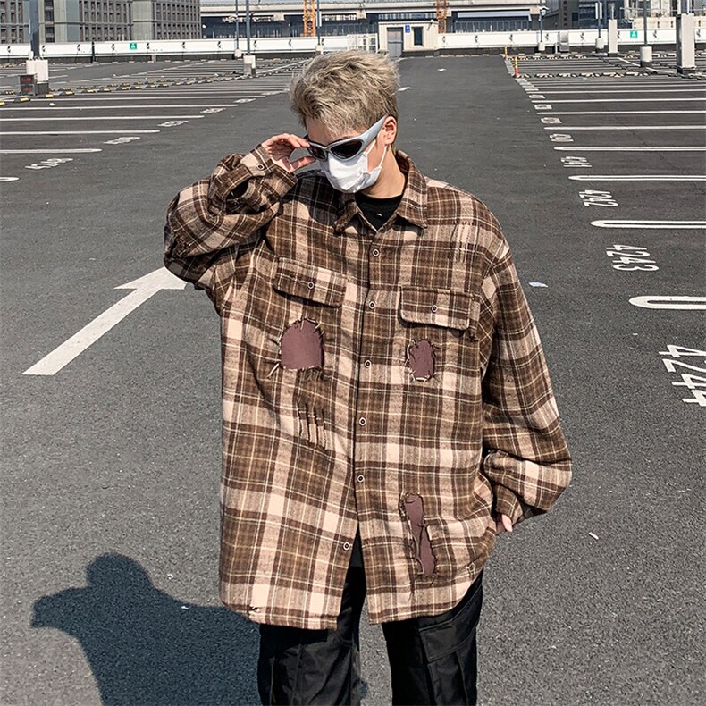 DC49-P58早春新款长袖格子衬衣上衣不易皱宽松慵懒风衬衫外套潮,男装衬衫,星座603-2