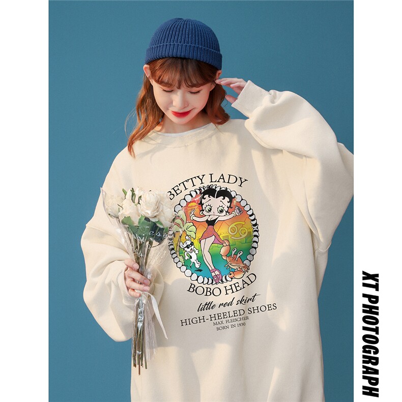 美式复古贝蒂女郎卡通情侣潮长袖圆领卫衣宽松上衣 W165 P30控48图片