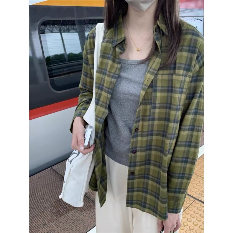 秋冬款韩系甜美绿色格子衬衫女小众设计感宽松休闲长袖衬衣外套潮,男装衬衫,星座506A