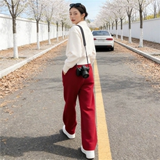 个性简约时尚套装女春季新款杏色立领长袖上衣红色阔腿长裤两件套，女装套装/套裙，江南