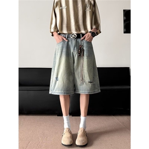 美式破洞牛仔裤男2025年夏季宽松直筒阔腿休闲七分中裤RK2633-P41图片