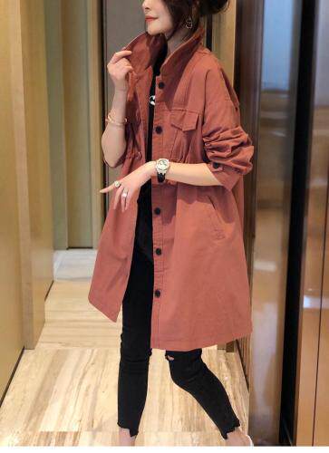 DG863早春新款抽绳松紧腰宽松翻领中长款风衣外套，女装风衣，L·H·X