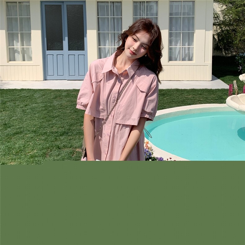 韩系甜美减龄粉色假两件短袖连衣裙女2025夏季新款宽松休闲衬衫裙,女装连衣裙,帛锦泉