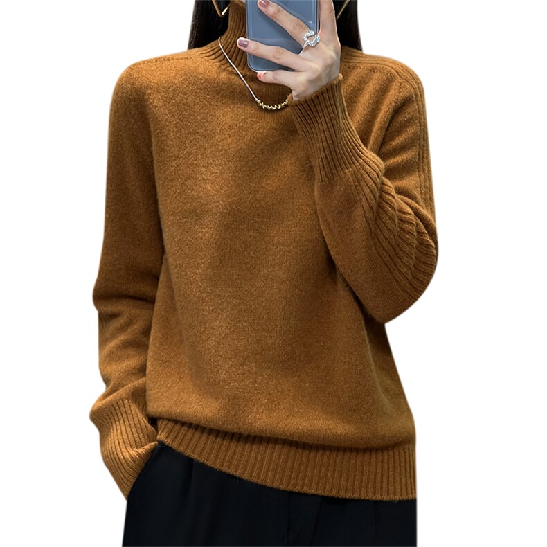 重磅加厚100羊毛衫女宽松套头时尚针织毛衣半高领打底冬装,女装羊毛衫,奢优羊绒